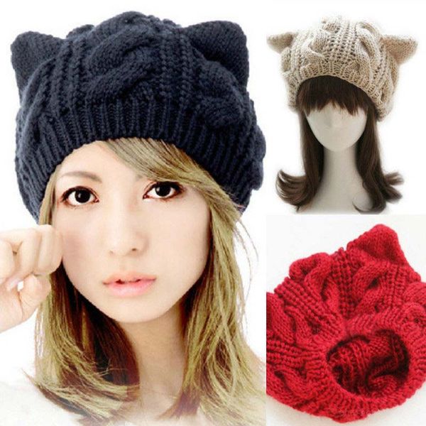 

wholesale-1 piece fashion women cap quality woolen pure color cat ear shape cute warm knitted hat autumn winter casual accessories, Blue;gray