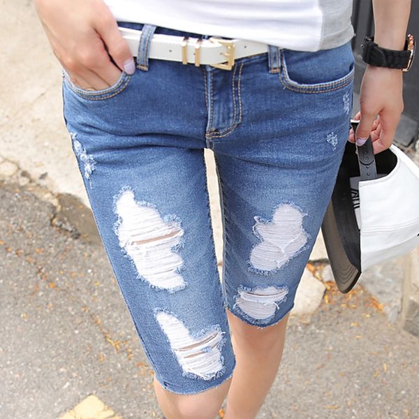 

wholesale- 2016 summer hole jeans capris female distrressed elastic denim knee-length pants female capris 9565, Blue