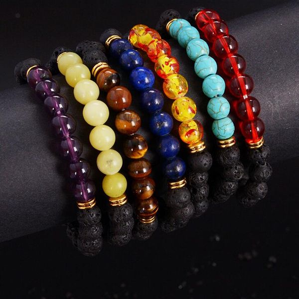 

volcano beads colorful chakras energy yoga buddha beads bracelet fb031 mix order 20 pieces a lot beaded, strands, Black