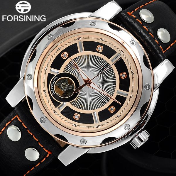 

wholesale- forsining brand men sport watches male skeleton mechanical automatic leather wrist watch rose gold waterproof relogio masculino, Slivery;brown