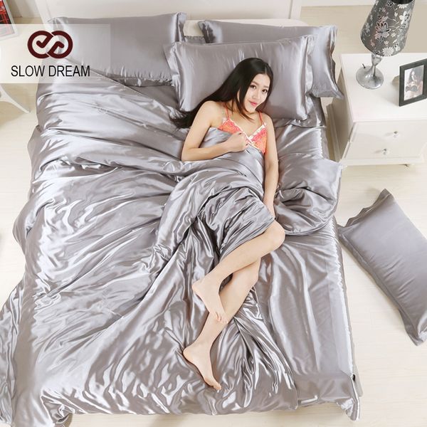 Slow Dream Silk Satin Bedding Set Solid Color Bed Linen Silver Grey Duvet Cover Soft Tencel Flat Sheet Sets Toddler