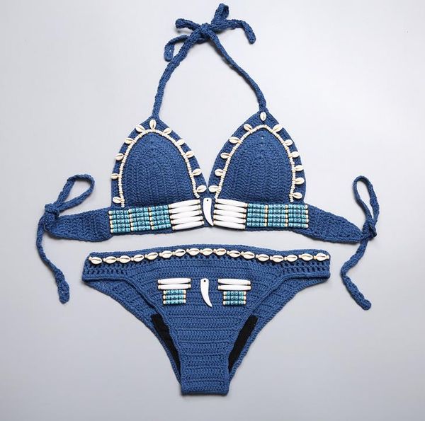 New Bohemian Women's Halter Weave Costume da bagno all'uncinetto Tankinis Bikini Set Conchiglie Bikini lavorato a maglia con perline Abbigliamento da spiaggia Costumi da bagno Costume da bagno C2951