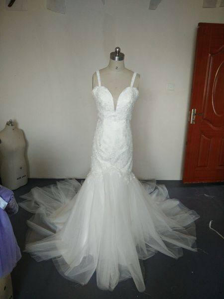 

real ps vintage sleeveless mermaid lace wedding dress backless floor length tulle elegant sweetheart spaghetti strap bridal gown, White