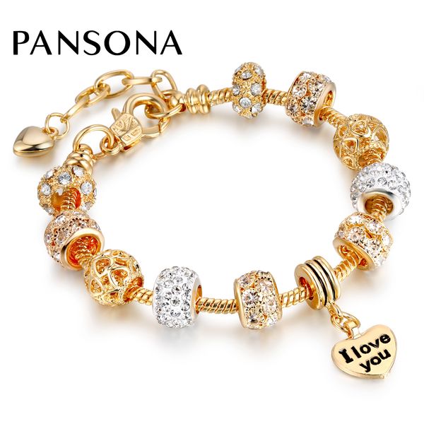 

Crystal Beads Bracelets Bangles Gold Heart Pendant Charm Lobster Clasp Chain Bracelets For Women Lover's Luxury Jewelry AA151