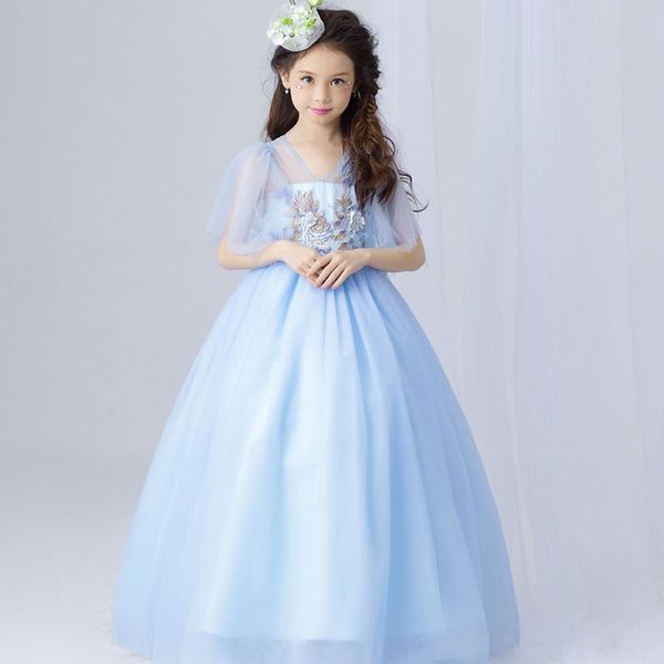 Light Blue Flower Girl Dress Elegante Tulle Pizzo Girl Abito da sposa Abito da sposa Lunghezza della caviglia Appliques Bead Bambini Party Prom Dress Primo Abiti Comunione