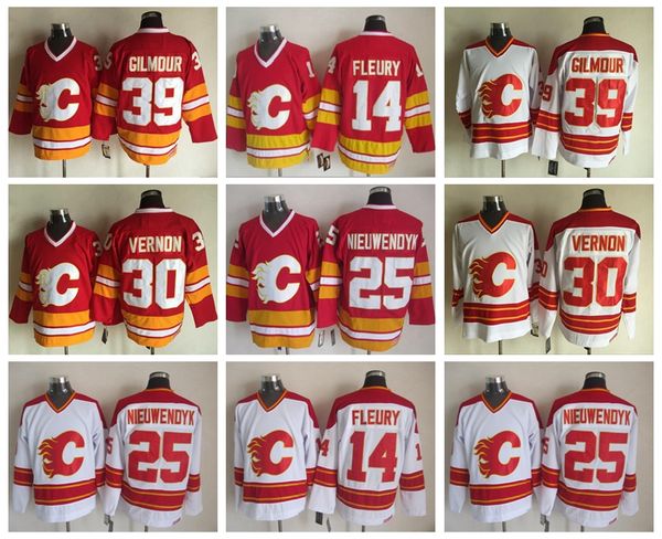 

calgary flames 14 theoren fleury jersey men 25 joe nieuwendyk 30 mike vernon 39 doug gilmour red white vintage ice hockey jereseys, Black;red
