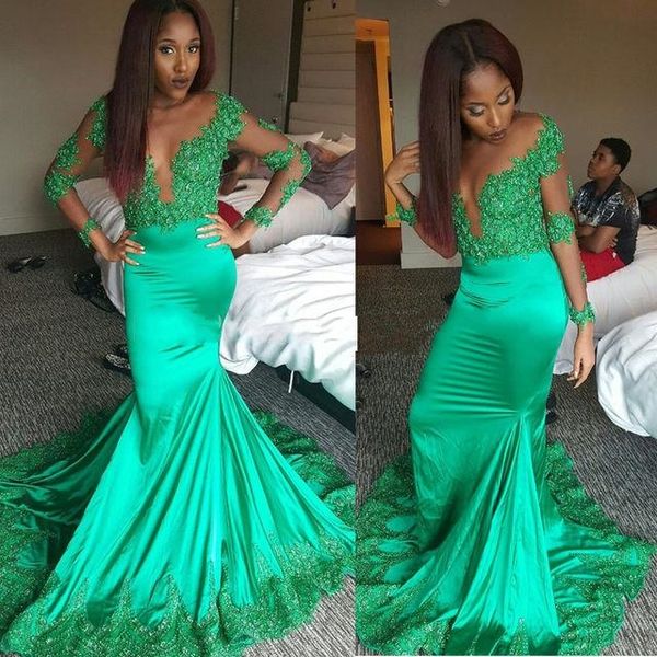 

green 2023 mermaid prom dresses long sheer deep v neck long sleeves elastic satin lace appliques beaded african black girl evening gown
