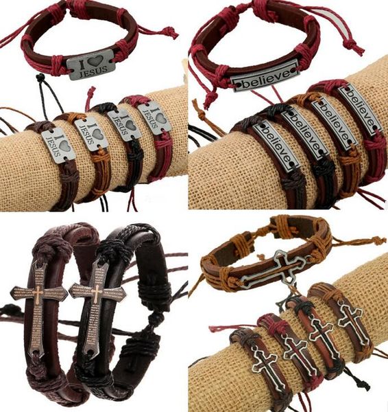 

4 styles cross bible believe charm braided bracelet urban jewelry handmade black genuine leather adjustable wristband retro jewelry, Golden;silver