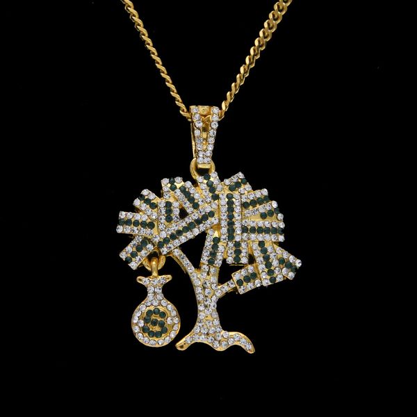 Hip hop Oro Argento USA Money Tree Ciondolo Bling Strass Collana a catena in cristallo per uomo