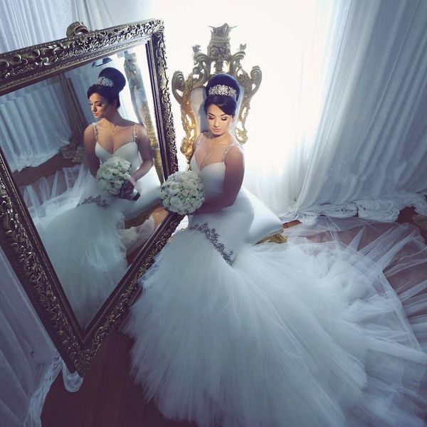 

puffy tiered mermaid wedding gowns spaghetti straps beaded crystal sleeveless bridal dress backless tulle sweep train wedding dres, White