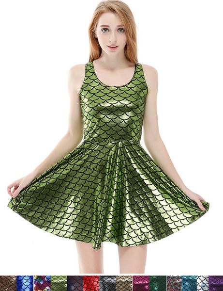 Sexy Mulheres Metallic escala de peixes Mini vestido sem mangas plissadas vestido sereia Cosplay Tanque Vestidos 14 cores