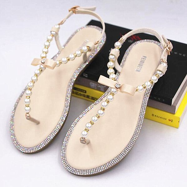 

Марка Женские сандалии 2017 лето бисером камень жемчужина Женские сандалии Рим плоский сэндвич toe Женские сандалии плоские свадебные туфли