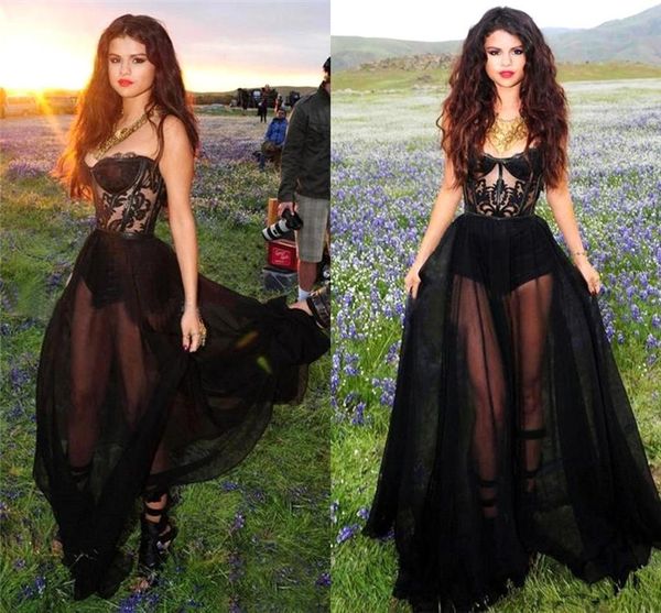 2019 Newest Selena Gomez Black Evening Dresses Strapless Lace