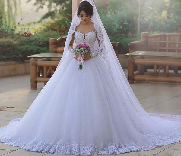 

robe de mariee long sleeves wedding dresses 2018 illusion neck ball gown beaded lace tulle bride dresses couture, White