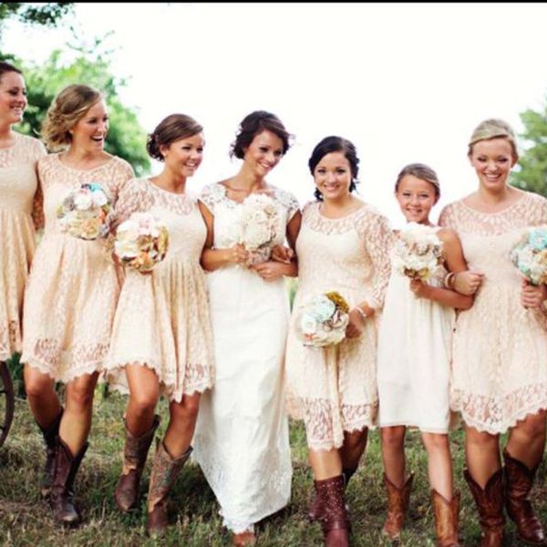 

Country bride maid dre e hort lace maid of honor gown illu ion coop neck heer leeve a ymmetrical hem cu tom made 2017