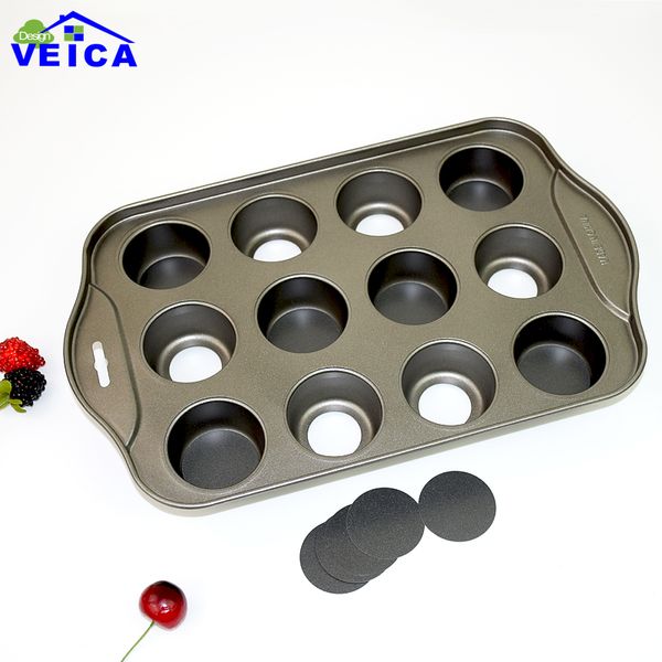

wholesale- round flexible non stick tins 12 cups carbon steel muffin bakeware tray pan baking cake mould kitchen cooking tools