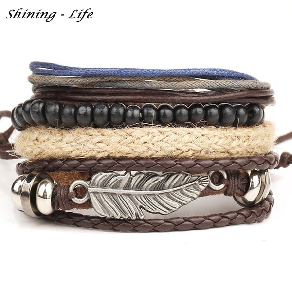 

wholesale- 4pcs/set punk genuine wrap feather leather bracelets men for women multilayer cuff vintage leaf charm bracelet adjustable, Golden;silver