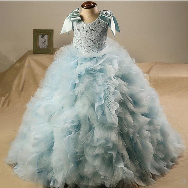 

stunning ruffled flower girls dresses for weddings jewel neck ball gown lace kids pageant dress sweep train tulle first communion gowns, White;blue