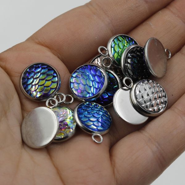 

fashion stainless steel 12mm mermaid scale pendant charms for drusy druzy necklace earrings jewelry findings, Bronze;silver