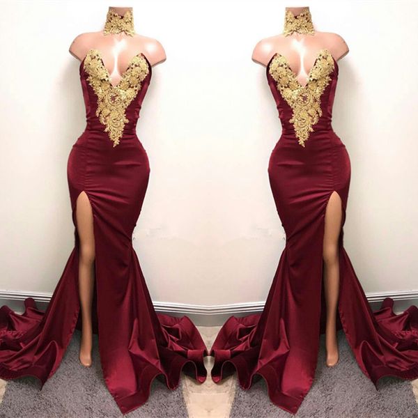 

burgundy split side mermaid dresses evening wear v neck gold lace appliqued prom dress long sweep train satin formal gowns, Black;red