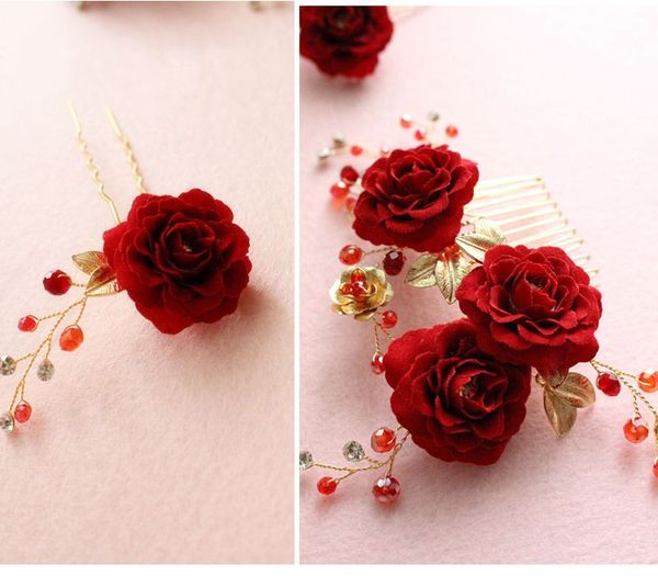 

beijia Red Rose Flower Bridal Hair Comb Pins Handmade Wedding Accessories Jewelry Women Prom Headpiece