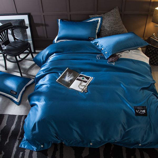 2017 New Luxury Wash Silk Blue Color Queen King Size Bedding Set