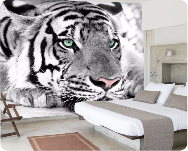 

фото обои тигр чёрно-белое животное фрески вход спальня гостиная диван тв фон обо