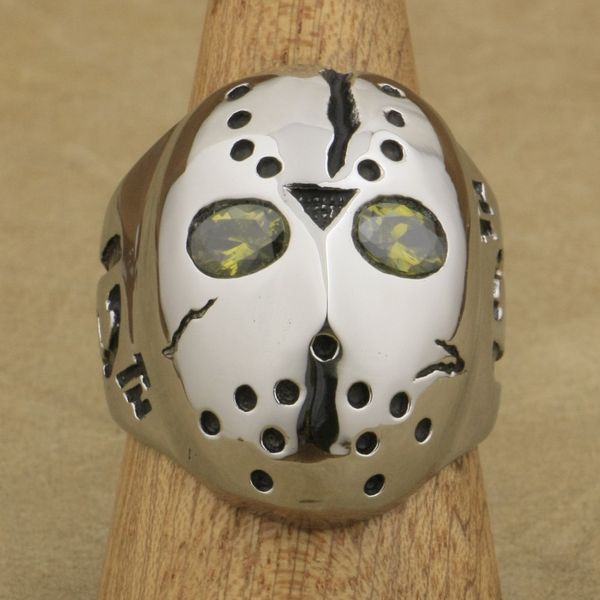 

linsion 316l stainless steel halloween jason mask hockey olive green cz eyes mens biker rocker punk ring cz ring 3f601, Golden;silver