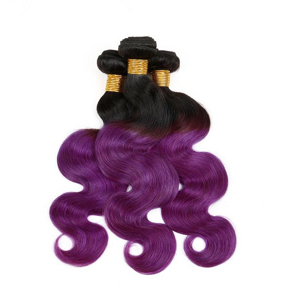 Grado 9A Virgin Brazilian # 1B / Purple Ombre Estensioni dei capelli Two Tone 3 Bundles Body Wave Dark Roots Purple Ombre Hair Weaves DHL Free