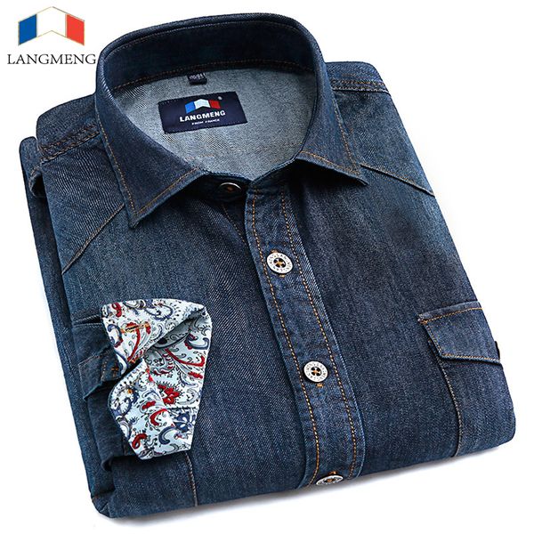 

wholesale- langmeng 2015 new cotton brand long sleeve casual shirt slim denim shirts men solid color jeans shirts dress shirt, White;black