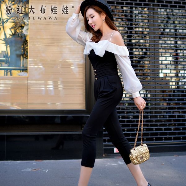 

wholesale- dabuwawa siamese pants female 2016 spring and autumn women's bohemian retro bow black jumpsuit pink doll, Black;white