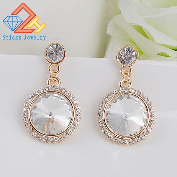 

fashion crystal stud earring zinc alloy gold plated round rhinestone trendy dangle earring for women jewelry, Silver