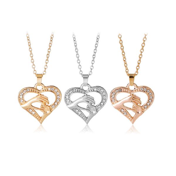 

mother and child pendant gift for mom charm necklace hand heart love mom family crystal necklace jewelry ing, Silver