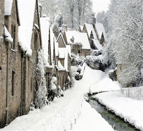 10x10ft Winter schneebedeckte weiße Landstraße Fotografie Kulissen alte Häuser Bäume malerische Tapete Fotoshooting Hintergrund für Studio