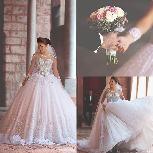 Abiti da sposa in tulle trasparente a maniche lunghe di lusso 2020 Abito da ballo con perline Abito da sposa arabo Abito da sposa Abiti formali