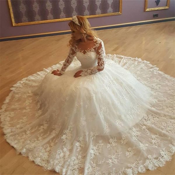 

luxury white elegant lace wedding dresses 2017 sheer neck long sleeves a line ball gown bridal gowns with lace appliqued wedding gowns