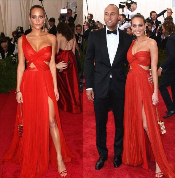 

hannah davis celebrity evening dresses in 2017 met gala one shoulder side slit chiffon long prom red carpet dresses gowns custom made, Black
