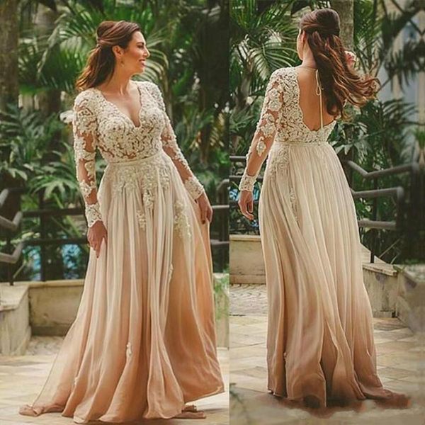 Chiffon elegante mãe dos vestidos de noiva manga comprida vestido de renda para mãe noiva verão casamento profundo decote em v baixo voltar vestido de baile