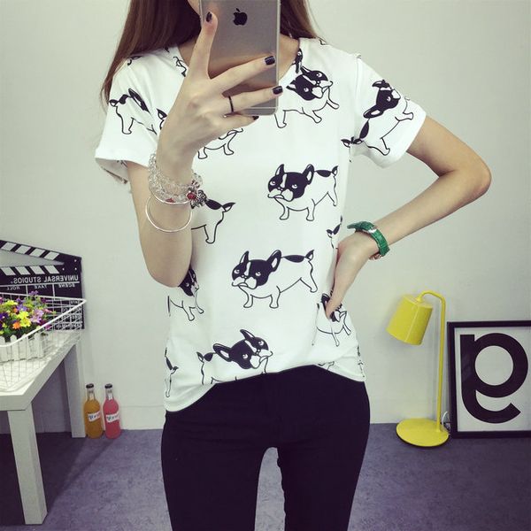 Atacado- 2016 Verão Coreano Cachorro Cachorro Moda Camiseta Roupa Femme para Mulheres Fêmea Camisetas Tumblr Poleras Camisetas Mujer T-shirt