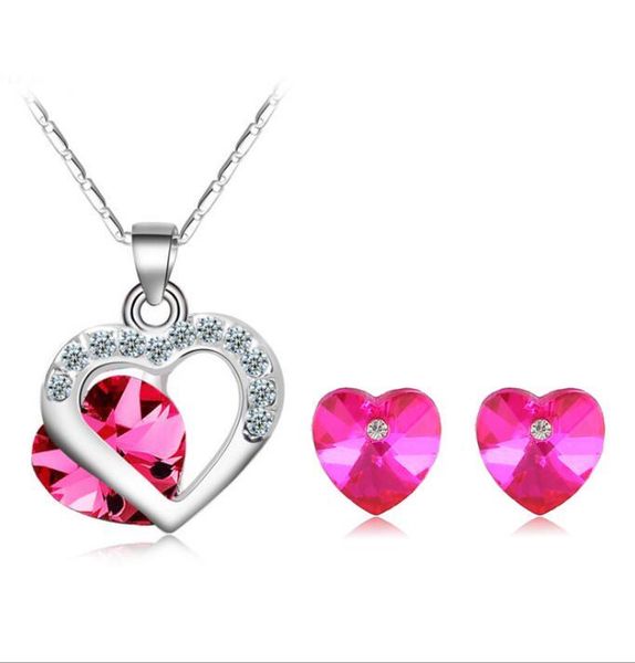 Silver Plated Crystal Heart Bridal Jewelry Double Heart Rhinestone