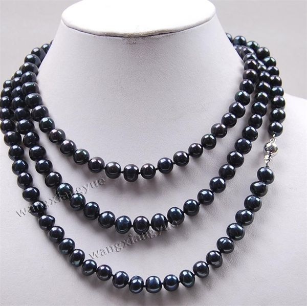 

long 50" 8-9mm black akoya cultured pearl jewelry necklace, Silver