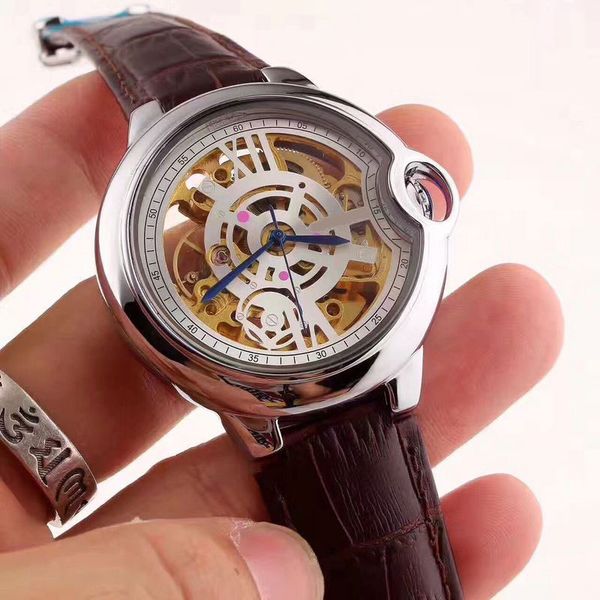 

High quality Mens watch luxury Gold Skeleton Genuine Leather Mechanical Automatic watches For men Waterproof Wtach Reloj Hombre