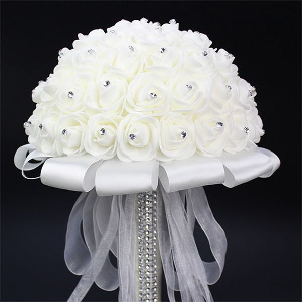 Bouquet da sposa bianco con rose artificiali, manico in nastro bianco, fiori da sposa da damigella d'onore, diametro 20 cm