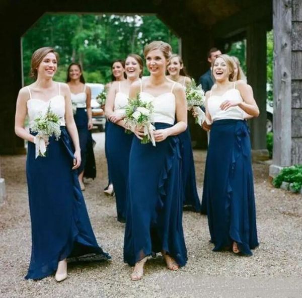 

country bridesmaid dresses long 2017 new arrivals white spaghetti navy blue chiffon ruffle wedding guest dress custom made en10253, White;pink