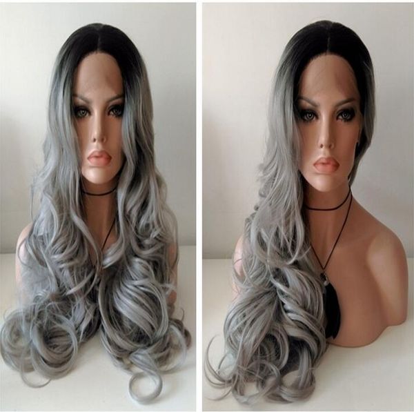

two tone hair #1b/dark grey synthetic lace front wig for woman 16-26inch synthetic hair lace wig, Black