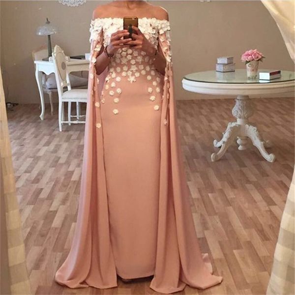 

dubai kaftan robes bateau neckline long champagne evening dresses with cape 3d flowers appliques saudi arabia prom gown, Black