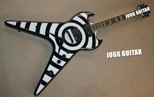 Custom ZV Zakk Wylde voando V Branco Black Bullseye Guitarra Elétrica Anitque Amarelo Mop Block Fingerboard Inlay EMG Pickups String Thru Corpo