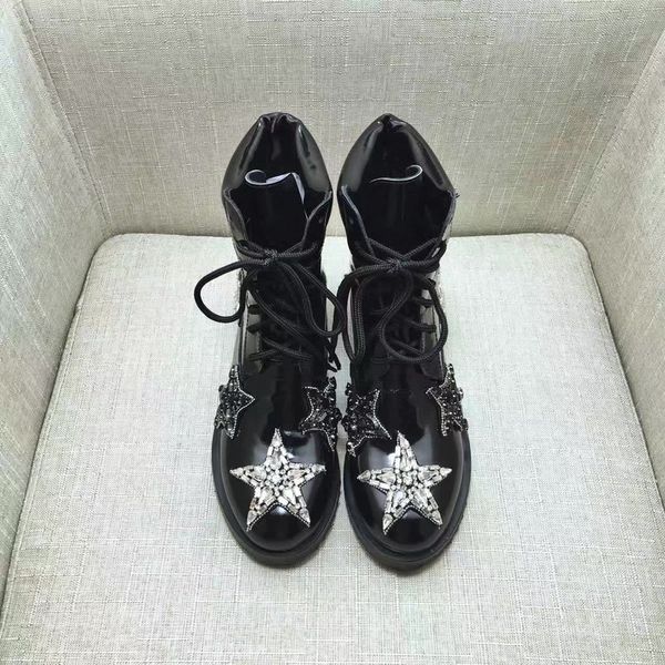

2017 fa hion cat walk counter quality genuine leather black with diamond round toe lace up hight ankle boot