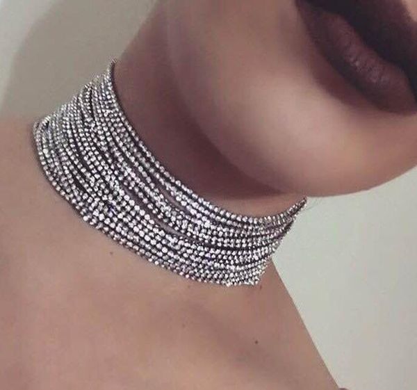 

European fashion silver alloy personality necklace women brand designer retro simple diamond multi-layer banquet Choker necklace wholesale