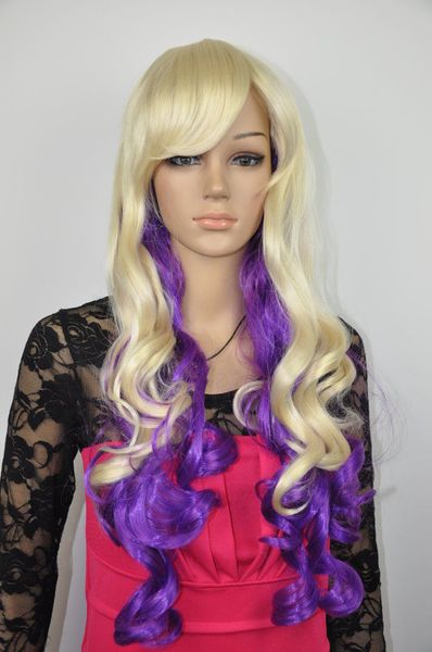 Ücretsiz kargo büyüleyici güzel yeni Sıcak satmak En yeni stil uzun kıvırcık sarışın mix mor saç peruk kadınlar için saç Peruk